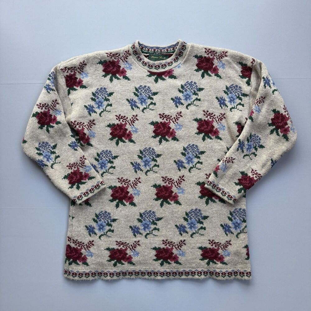 Y2K Vintage Sweater Dana Scott Womens Large Roses Cottagecore Granny Shabby Chic - Picture 2 of 9